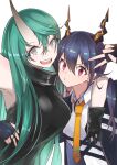  2girls arknights arm_over_shoulder armpits bangs blazer blue_hair breasts ch&#039;en_(arknights) commentary_request cowboy_shot eyebrows_visible_through_hair fingerless_gloves gloves green_hair grey_eyes grin hair_between_eyes hair_over_one_eye hair_over_shoulder horns hoshiguma_(arknights) jacket long_hair looking_at_viewer multiple_girls necktie oni oni_horns pout purple_eyes simple_background smile standing v v-shaped_eyebrows very_long_hair white_background yuzuruka_(bougainvillea) 