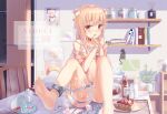  1girl animal_collar animal_ears blonde_hair book bound bound_wrists bra bra_lift cake cake_slice cat_ears cat_girl cat_tail chain chained chair clothes_down collar crying cup food highres ink_bottle jar jcj0125 long_hair open_clothes open_shirt organs original ovaries panties peeing picture_(object) picture_frame pink_eyes plant plate restrained shirt sitting sitting_on_table spilling sugar_cube table tail tea teacup underwear uterus white_panties 