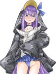  1girl :s akitsuki_itsuki animal_hood black_hoodie blue_choker blue_eyes blue_swimsuit blush choker closed_mouth cowboy_shot embarrassed eyebrows_visible_through_hair fate/grand_order fate_(series) full-face_blush hood hood_up hoodie hoodie_lift long_hair long_sleeves looking_at_viewer meltryllis_(fate) one-piece_swimsuit penguin_hood purple_hair simple_background sketch solo standing swimsuit v-shaped_eyebrows very_long_hair white_background 