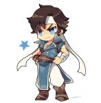  1boy belt black_hair blue_eyes brown_hair castlevania castlevania:_rondo_of_blood chibi gloves hair_ornament headband highres kotorai looking_at_viewer male_focus muscular richter_belmont short_hair simple_background smile super_smash_bros. weapon whip 