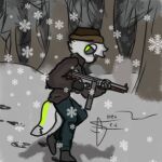  anthro breath canid canine clothing cold_war detailed_background fox grey_smoke hat headgear headwear holding_object holding_weapon kevthefox looking_back magazine_(gun) male mammal neon_eyes shaded simple_coloring simple_eyes simple_nose simple_shading smoke solo walking weapon winter 