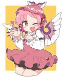  1girl animal_ears blush_stickers border brown_dress brown_headwear commentary_request cropped_legs dress fang fingernails grey_eyes hand_up hat heart highres ini_(inunabe00) long_sleeves looking_at_viewer mystia_lorelei one_eye_closed open_mouth pink_hair sharp_fingernails shirt short_hair simple_background skin_fang smile solo touhou very_long_fingernails white_border white_shirt winged_hat wings yellow_background 
