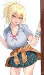  1girl absurdres bangs blonde_hair blush breasts clothes_around_waist collarbone collared_shirt commentary_request cowboy_shot crossed_bangs eyebrows_visible_through_hair green_skirt highres large_breasts looking_at_viewer love_live! love_live!_nijigasaki_high_school_idol_club miyashita_ai orange_eyes orange_sweater parted_lips pleated_skirt ponytail scrunchie shirt simple_background skirt smile solo sweater sweater_around_waist white_background white_shirt wrist_scrunchie yamasonson 