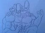  anthro balls biceps big_muscles blush bodily_fluids bonnie_(fnaf) bow_tie cum cum_on_chest duo five_nights_at_freddy&#039;s freddy_(fnaf) genital_fluids genitals lagomorph leporid liviuh low_res lying male male/male mammal messy muscular muscular_male on_back penis penis_grab rabbit surprise ursid vein veiny_muscles video_games 
