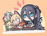  4girls arisu_(blue_archive) blue_archive blue_eyes blush_stickers cat_ear_headphones commentary_request eating hair_between_eyes hairband headphones long_hair midori_(blue_archive) momoi_(blue_archive) multiple_girls o_o peeking_out playing_games shishikai short_hair siblings simple_background twins yuzu_(blue_archive) 