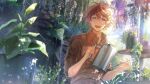  1boy :d blush brown_eyes brown_hair brown_shirt dew_drop flower garden hair_between_eyes helios_rising_heroes highres indoors looking_at_viewer male_focus mumei_ponchi open_mouth plant potted_plant shadow shirt signature smile solo twitter_username upper_body water_drop watering_can will_sprout wisteria 