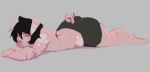  anthro big_butt black_clothing black_hair black_underwear butt clothing curled_tail domestic_pig hair imaaahorny laying_on_front male mammal mostly_nude pink_body skinny solo spots suid suina sus_(pig) thick_thighs underwear white_spots 