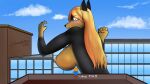  16:9 anthro black_body blonde_hair blue_sky blush breasts brown_body brown_hands building canid canine canis catsockjus city city_background clenched_fists cloud dialogue dobermann domestic_dog female hair hi_res humor looking_down male male/female mammal nipples pinscher sky solo wallpaper widescreen 