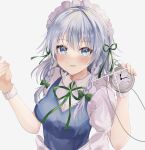  1girl blue_dress blue_eyes braid dress green_ribbon hair_ribbon hands_up highres holding holding_pocket_watch izayoi_sakuya long_hair looking_at_viewer maid maid_headdress maruro ribbon silver_hair simple_background solo touhou upper_body white_background white_wristband 