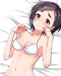  absurdres bikini black_hair blush brown_nails hair_ornament hairclip hand_up highres idolmaster idolmaster_cinderella_girls looking_at_viewer lying mariabowl matsuo_chizuru navel on_back on_bed short_hair strap_lift swimsuit thick_eyebrows upper_body white_bikini 