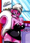  anthro bedroom_eyes bimbette breasts cleavage clothed clothing english_text female hi_res imaranx legwear looking_at_viewer mammal mephitid minidress narrowed_eyes panties seductive skunk solo text thigh_highs tiny_toon_adventures underwear warner_brothers 