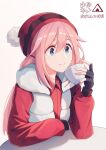  1girl absurdres arm_support bangs blue_eyes bowl closed_mouth collared_shirt cup drink fingerless_gloves gloves hair_between_eyes hair_tie highres holding holding_cup jacket kagamihara_nadeshiko leaning_on_table light_blush logo long_hair long_sleeves pink_hair pom_pom_(clothes) puffy_long_sleeves puffy_sleeves pullover red_headwear red_shirt shirt simple_background sitting smile solo sparkling_eyes table tent translated upper_body white_background white_jacket woollen_cap yurucamp ziranyuan 