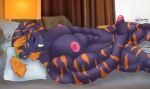  anthro bed fangs felid foreskin fur furniture genitals hair hi_res holding_penis jesse_(rionmaro) long_hair lying lying_on_bed machairodontine male mammal muscular muscular_anthro muscular_male on_bed penis purple_body purple_fur rionmaro sabertooth_(anatomy) solo striped_body striped_fur stripes teasing uncut 