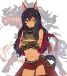  1girl abs animal_ears arm_guards armor artist_request bangs barding black_hair breastplate breasts colored_inner_hair colored_skin commentary_request crossed_arms dark_skin earrings eyebrows_visible_through_hair granblue_fantasy hair_between_eyes highres horse horse_ears horse_girl horse_tail jewelry long_hair looking_at_viewer medium_breasts multicolored_hair personification red_hair red_hare_(granblue_fantasy) red_shorts red_skin short_shorts shorts sidelocks solo streaked_hair tagme tail umamusume white_background 