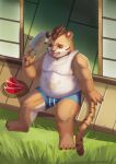  2021 aipangpangdeyua anthro belly bodily_fluids bottomwear clothing detailed_background felid feline food fruit hi_res humanoid_hands kemono male mammal melon outside overweight overweight_anthro overweight_male plant shirt shorts sitting solo sweat tongue tongue_out topwear watermelon watermelon_slice 