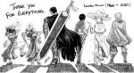  absurdres armor berserk boots cape casca_(berserk) character_request english_commentary from_behind full_body gloves greyscale guts_(berserk) hat highres huge_weapon joe_shimamura monochrome schierke_(berserk) short_hair simple_background staff sword traditional_media walking weapon white_background witch_hat 