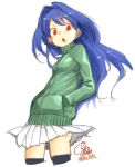 1girl akitsuki_itsuki black_legwear blue_hair copyright_request cropped_legs green_jacket jacket long_hair looking_at_viewer miniskirt open_mouth pleated_skirt red_eyes signature simple_background skirt solo thighhighs white_background white_skirt 