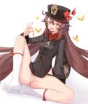  1girl :d absurdres after_sex after_vaginal arm_behind_back black_dress black_headwear blush bottomless breasts brown_hair censored condom dress flower flower-shaped_pupils full_body genshin_impact gradient_hair hair_between_eyes hand_up hat hat_flower heart heart_censor highres holding holding_condom hu_tao_(genshin_impact) kanon_12361024 knee_up kneehighs knees_apart_feet_together legs long_hair long_sleeves looking_at_viewer multicolored_hair nail_polish naughty_face no_panties open_mouth plum_blossoms pussy pussy_juice red_eyes red_flower red_hair red_nails sitting small_breasts smile solo spread_legs thighs twintails two-tone_hair used_condom very_long_hair white_legwear wide_sleeves 