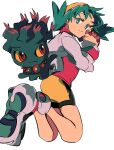  1girl ass bike_shorts cropped_jacket gen_2_pokemon green_eyes green_hair highres jacket jumping kris_(pokemon) legs legs_together looking_at_viewer misdreavus poke_ball pokemon pokemon_(creature) pokemon_(game) pokemon_gsc red_shirt shirt shoes smile twintails white_jacket yellow_headwear zianazu 