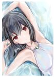  1girl arm_behind_head armpits bangs bare_shoulders black_hair border clothing_request commentary_request dress eyebrows_visible_through_hair hair_between_eyes hand_to_head idolmaster idolmaster_shiny_colors in_water long_hair looking_at_viewer lying morino_rinze nannacy7 on_back parted_lips red_eyes sleeveless solo upper_body water white_border white_dress 