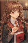  1girl bangs book bookshelf brown_eyes brown_hair copyright_name harry_potter hermione_granger highres holding holding_wand indoors lamp long_sleeves micha necktie red_neckwear robe school_uniform smile solo standing upper_body wand wavy_hair 