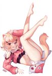  1girl ahoge animal_ear_fluff animal_ears arm_up ass bare_legs bare_shoulders barefoot blonde_hair cat_ears cat_tail clothing_cutout commentary crop_top fangs feet hair_ornament hairclip highres indie_virtual_youtuber legs_up looking_at_viewer midriff open_mouth pink_shirt shirt short_hair short_shorts shorts shoulder_cutout shyrei_faolan side_slit simple_background solo squchan stomach tail toes virtual_youtuber whisker_markings white_background white_shorts yellow_eyes 