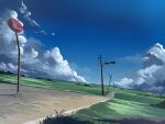 blue_sky cloud cloudy_sky commentary_request condensation_trail dark_clouds derivative_work fantasy grass highres mountainous_horizon multicolored nature no_humans pajaman perspective road road_sign scenery shadow sign sky summer sunlight traffic_light utility_pole 