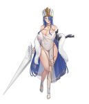  1girl absurdres blue_eyes blue_hair breasts cleavage curvy full_body fur_collar gloves hair_over_one_eye hat highres holding holding_weapon large_breasts long_hair milephunter off_shoulder open_mouth original pelvic_curtain pointy_ears revealing_clothes see-through silver_footwear single_glove thighs weapon 