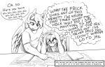  anthro bat_pony bodily_fluids dialogue english_text equid equine female husband_and_wife line_art male mammal married_couple monochrome my_little_pony nolegs_(oc) pegasus replica_(artist) summer_scorch sweat taxes text thought_bubble wings 