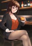  1girl alcohol bangs black_jacket black_skirt braid breasts brown_eyes brown_hair cleavage counter crossed_legs cup hand_on_own_leg highres holding holding_cup indoors jacket long_hair looking_at_viewer medium_breasts pantyhose pencil_skirt psycho-pass ryouya shimotsuki_mika sidelocks sitting skirt solo stool 