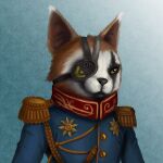  2018 :&lt; ambiguous_gender anthro big_ears biomutant black_body black_fur black_nose brown_body brown_fur clothed clothing eye_patch eyewear french fur looking_away mammal portrait primal_(biomutant) procyonid raccoon simple_background solo teal_background uniform uriel_urticus video_games white_body white_fur yellow_eyes 