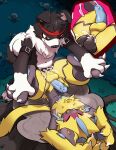  accessory anal anal_penetration anthro balls bandai_namco black_body black_fur blush bodily_fluids canid canine claws close-up cum cum_in_ass cum_inside digimon digimon_(species) duo ejaculation eyes_closed felid foot_grab from_front_position fur gaomon genital_fluids genitals hands-free headband hi_res knot legendary_pok&eacute;mon lying male male/male male_penetrated male_penetrating male_penetrating_male mammal mating_press motion_lines nintendo pawpads paws pawsmasher penetration penile_spines penis pok&eacute;mon pok&eacute;mon_(species) red_eyes sex spread_legs spreading standing video_games white_body white_fur yellow_body yellow_fur zeraora 
