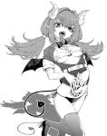  1girl akitsuki_itsuki belt bikini bow bowtie breasts cropped_shirt demon_horns demon_tail demon_wings earrings fingernails greyscale hair_between_eyes heart heart_tattoo horns jacket jewelry long_fingernails long_hair looking_at_viewer low_twintails medium_breasts monochrome open_clothes open_jacket open_mouth original outline own_hands_together pointy_ears pubic_tattoo shadow sharp_fingernails short_sleeves side-tie_bikini solo standing standing_on_one_leg swimsuit tail tattoo thighhighs tongue tongue_out twintails underboob white_background white_outline wings 