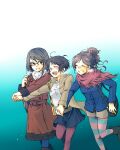  3girls :d bag black_footwear black_hair blue_coat blue_legwear boots brown_coat closed_eyes coat funahara_yuki fur_trim glasses gradient gradient_background handbag holding_hands long_hair long_sleeves looking_at_another minase_kaori_(psycho-pass) multiple_girls open_mouth pantyhose pink_legwear psycho-pass scarf short_hair skipping skirt smile striped striped_legwear tsunemori_akane visible_air yusa 