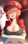  1girl absurdres ahoge artist_name black_shirt box breasts cabbie_hat cleavage exhausted hallway hat hat_pin hataraku_saibou highres holding holding_box jacket large_breasts looking_away name_tag open_clothes open_jacket open_mouth oppaihobby red_blood_cell_(hataraku_saibou) red_hair red_headwear red_jacket shirt signature sleeves_rolled_up sweat sweaty_clothes tears uniform yellow_eyes 