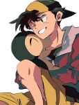  1boy backwards_hat black_eyes black_hair closed_eyes cyndaquil ethan_(pokemon) gen_2_pokemon grin happy hat highres holding jacket pokemon pokemon_(game) pokemon_gsc red_jacket short_hair shorts smile yellow_shorts zianazu 