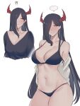  1girl absurdres alternate_costume azur_lane bare_shoulders black_bra black_hair black_panties black_sweater blush bra breasts cleavage closed_mouth friedrich_der_grosse_(azur_lane) hair_over_one_eye highres horns large_breasts long_hair mature_female mechanical_horns milephunter navel off_shoulder panties red_horns shirt sweater thighs underwear white_shirt yellow_eyes 