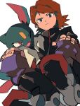  1boy black_eyes black_jacket closed_eyes closed_mouth fang frown gen_2_pokemon hands_on_own_knees happy highres jacket looking_at_viewer pokemon pokemon_(game) pokemon_gsc red_hair serious silver_(pokemon) sitting sneasel squatting zianazu 