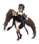  1girl :o absurdres animal_ears bangs bare_shoulders black_bow black_headwear black_jacket black_skirt blush book bow breasts brown_eyes brown_hair brown_wings clover_theater commentary feathered_wings full_body glasses guangsupaomian hair_ornament hairband hairpin hat highres holding holding_book jacket long_hair looking_at_viewer medium_breasts monster_girl norris_(clover_theater) shirt skirt sleeveless sleeveless_shirt solo symbol_commentary white_background white_shirt winged_arms wings 