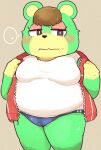  2017 animal_crossing anthro belly blush breasts camel_toe charlise_(animal_crossing) clothed clothing female fur green_body green_fur half-closed_eyes hi_res mammal narrowed_eyes nintendo overweight overweight_anthro overweight_female rantan_chan solo topwear tracksuit underwear undressing ursid ursine video_games worried_expression yellow_body yellow_fur 