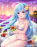  1girl :d blue_hair breasts chair cocktail falkyrie_no_monshou floral_print flower hair_flower hair_ornament long_hair medium_breasts necktie ocean official_art open_mouth parfait_(falkyrie_no_monshou) purple_eyes sitting smile stardrop starfish_hair_ornament sun sunset 