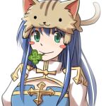  1girl :3 animal_on_head arch_bishop_(ragnarok_online) bangs blue_dress blue_hair blush_stickers brown_cat cat cat_on_head cleavage_cutout closed_mouth clothing_cutout clover commentary_request cross dress four-leaf_clover green_eyes juliet_sleeves long_hair long_sleeves looking_at_viewer mouth_hold natsuya_(kuttuki) on_head puffy_sleeves ragnarok_online simple_background smile solo stalk_in_mouth two-tone_dress upper_body white_background white_dress 
