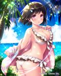  1girl :o ass back beach bikini black_hair blue_sky breasts claire_(falkyrie_no_monshou) falkyrie_no_monshou hair_ornament jewelry looking_at_viewer medium_breasts necklace ocean official_art pink_eyes shell_hair_ornament side-tie_bikini sky stardrop starfish_hair_ornament swimsuit white_bikini 