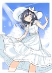  1girl akitsuki_itsuki blue_sky border day dress feet_out_of_frame hands_up hat idolmaster idolmaster_shiny_colors looking_at_viewer morino_rinze outdoors parted_lips short_sleeves sky solo standing sun_hat sundress white_border white_dress white_headwear 