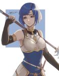  1girl armor bare_shoulders blue_eyes blue_hair breasts catria_(fire_emblem) cm_lynarc elbow_gloves fingerless_gloves fire_emblem gloves headband highres holding holding_spear holding_weapon medium_breasts polearm short_hair signature solo spear sword upper_body weapon white_background 