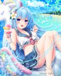  1girl :d beach blue_hair blue_sky breasts cloud falkyrie_no_monshou flower food hair_flower hair_ornament hairband ice_cream innertube long_hair looking_at_viewer medium_breasts ocean official_art open_mouth parfait_(falkyrie_no_monshou) purple_eyes sailor_bikini sailor_collar sitting sky smile spoon stardrop 