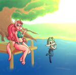  ambiguous_species anthro bikini blue_body blue_skin bubbletea caflec clothing duo female fimoman goblin green_hair hair humanoid looking_at_viewer one-piece_swimsuit one_eye_closed pier pink_body pink_hair pink_skin swimming swimming_hole swimming_pool swimwear tulpa waving_at_viewer wink winking_at_viewer 