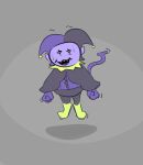  2018 bodily_fluids clothing deltarune grey_background hi_res humanoid imp jevil_(deltarune) male mammal purple_body purple_skin scaboomba simple_background solo sweat video_games yellow_eyes 
