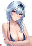  1girl bangs bare_shoulders bikini black_hairband blue_bikini blue_hair blush breasts cleavage collarbone eula_lawrence genshin_impact hairband helloimtea highres large_breasts looking_at_viewer medium_hair swimsuit 