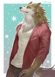  2021 anthro canid canine canis clothed clothing fur hi_res male mammal simple_background sky_(artist) solo wolf 